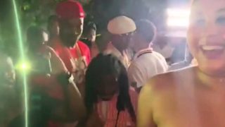 Curvy ebony babe takes on a gang of black cocks in public