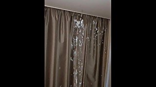 Naughty pissing on ceiling, curtains, and bed