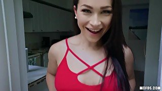 Dark haired floozy with sparkling eyes spreads her pussy lips