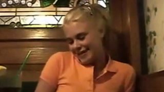 Blonde Teen Masturbates in restaurant