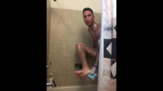 Hardcore wank massive cumshot and soapy shower