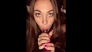 Hot brunette dildo blowjob