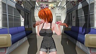 3D HENTAI Red-haired girlfriend in the subway agreed to give us a blowjob with a friend