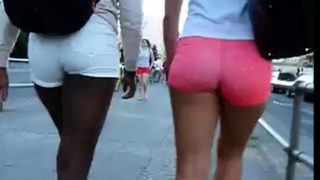 Black & White Girl Walking, Juicy bums in Tight Pink Shorts