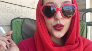 Retro Goddess D Smoking Outside in Red Heart Sunglasses and Red Scarf SFW