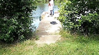 Fish bank skank, the beginnings. Whore fucks fisherman and drinks his piss outdoors in public. HOT