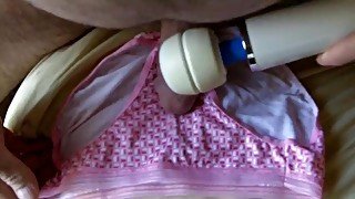 Hitachi cumming on pink satin panties