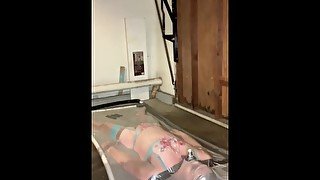 Transgender girl self bondage in a vacbed