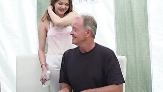 Grandpa with big cock fucks a petite teen hardcore and cums in her mouth