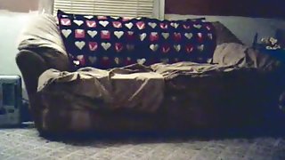 Dark haired girl gives her bf a blowjob on the sofa