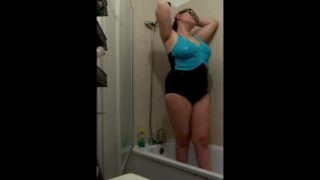 BBW Penny showering in black swimsuit