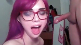 Nerdy redhead teen licks cum from her glasses