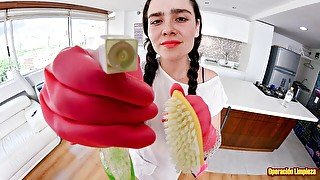 Naughty small-titted Colombian maid Luna Ruiz enjoys POV fuck and facial