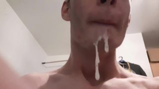 Swallowing and spitting out my cum after I gave my face a facial