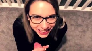 Nerdy European teen puts her mouth to work on a meat stick