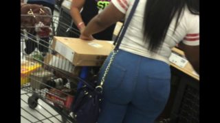 Alluring amateur brunette in tight blue jeans goes shopping