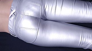 Cum on her leather silver pants