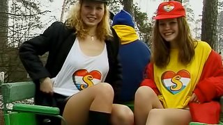 Teen chicks having fun in the winter & warming up with hot lesbian sex