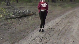 Doggystyle Fucked Girl Walking in the Forest with Naked Tits