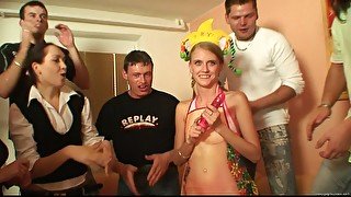 Petite Katerina gives blowjobs to two dudes and eats sticky cum