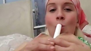 Amateur bitch sucks her BF's dick and lets him play with her cunt