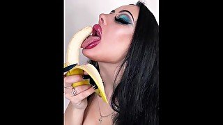 Alison Beth sucking banana with piercing long tongue