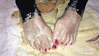 Food Cream Puff Crushing Fetish with Pantyhose Feet.