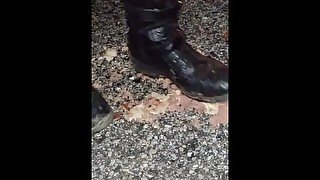 Hotdog stomping with boots