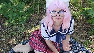 cute sexy schoolgirl in a skirt on a walk wanted to give a blowjob and get cum on face and glasses