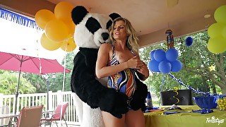 Energized mom sure loves fucking with the young dude in Panda costume