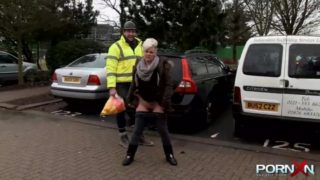 Huge-Titted mature Bree urinating in the public