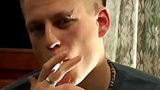 Twink cigar smoker wanks his shaved cock and jizzes solo