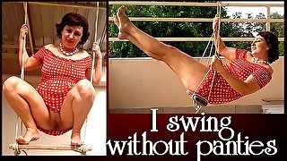 Cute housewife has fun without panties on the swing. Slut swings and shows her perfect pussy.