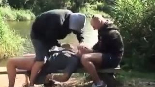 Russian mature in outdoor threesome party