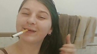 Smoking hairy goddess peeing N fingering her wet pussy to taste her cum