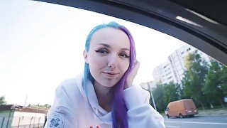 Cute alt girl with blue hair and sexy smile fucks for cash