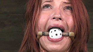 Salty red-haired bitch gets her soaking twat dildo fucked as she stands bandaged