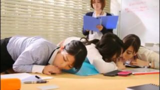 Naughty Japanese teens working their lips on mystery cocks