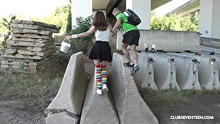 Teen Russian babe in knee long socks Nata Ocean doggy fucked outdoors