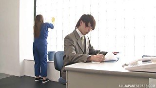 Aroused Japanese cleaning lady fucks office guy