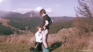 Spectacular standing sex in a mountainous setting for sultry redhead