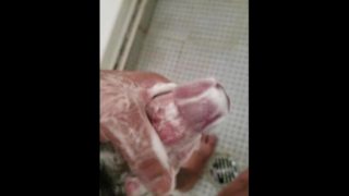 Big Mexican dick with soap. Masturbating during shower