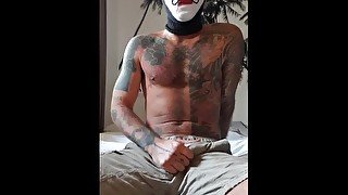 Masked and horny. Stroking my cock after work for a huge cumshot all over tattoos