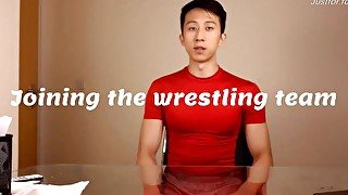 Asian boy Tyler Wu jerks off and swallows his cum for the wrestling coach