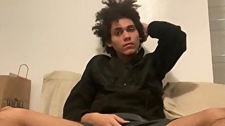 Kinky hair Hispanic teen touches himself and masturbates