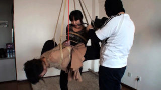 Two beautiful Oriental babes getting tied up and suspended
