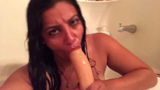 BLOWJOB PRACTICE ON HER HUGE DILDO