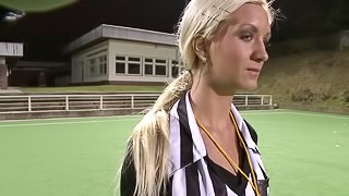 A couple of guys double penetrate the female ref in the locker room