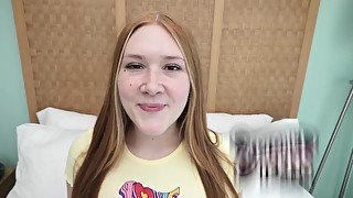 Redheaded teen with freckles and red pubic hair sucks cock