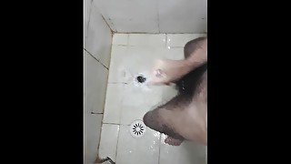 Hairy jerking off cumshot white load in the shower